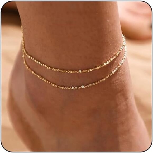 Gold Silver Anklet Set for Women Layered Waterproof Heart Beads Chain - Picture 7 of 7
